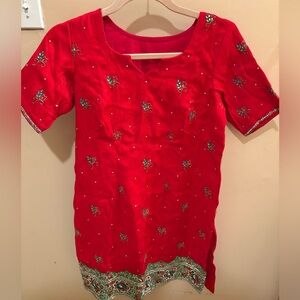 GORGEOUS RED SILK BEADED INDIAN DRESS HANDMADE